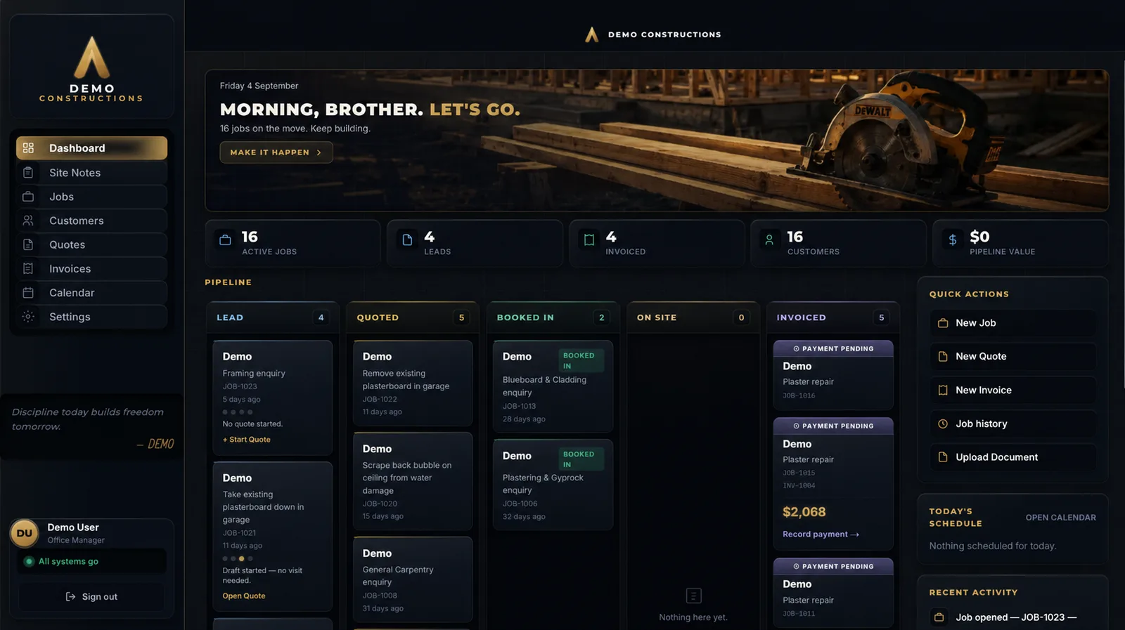 Trade OS dashboard built for Adam Gill Constructions